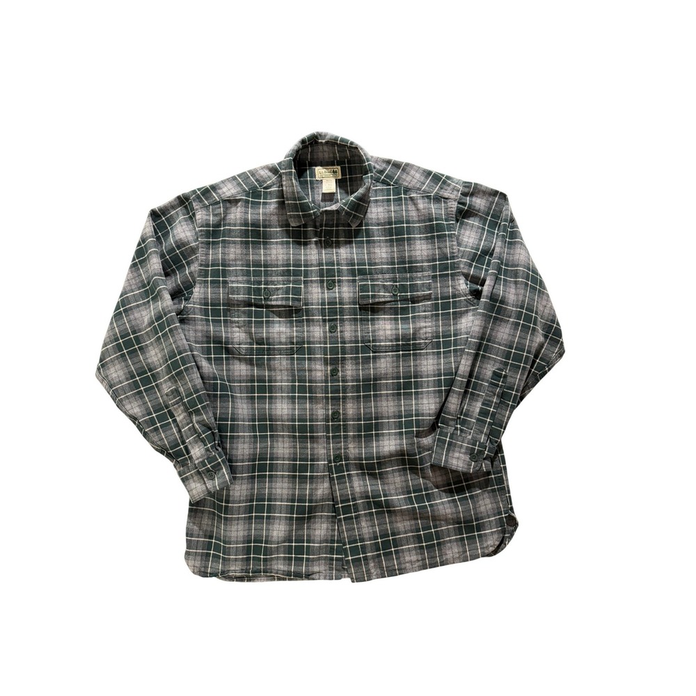 L.L. Bean Men’s Vintage Green Gray Plaid Long Sleeve Button-Down Flannel Shirt